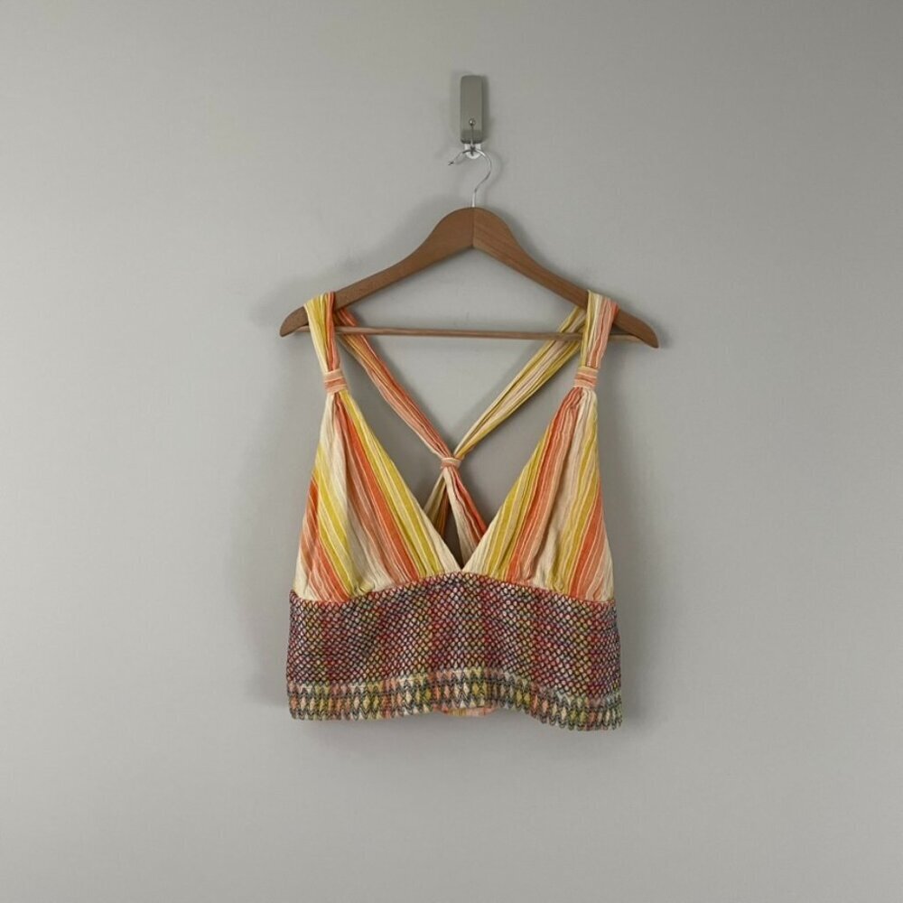 Anthropologie Gauzy Embroidered Striped Smocked Tank Top Size Large